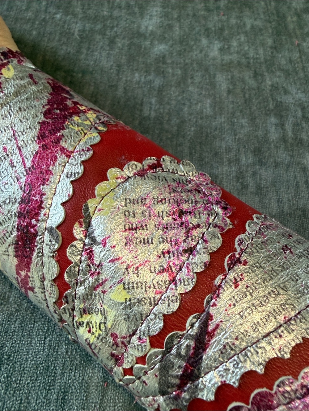 Red and Pink Leather Cuff Glove with Metallic Accents. - Picture 7 of 8